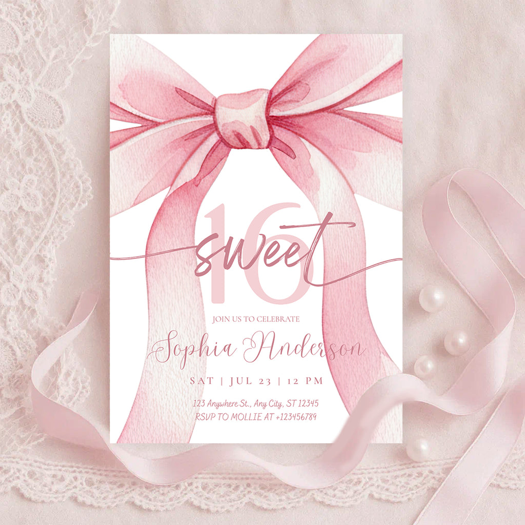 Blush Pink Bow Sweet 16 Invitation Template | Editable 16th Birthday Party Invite | Canva Instant Download