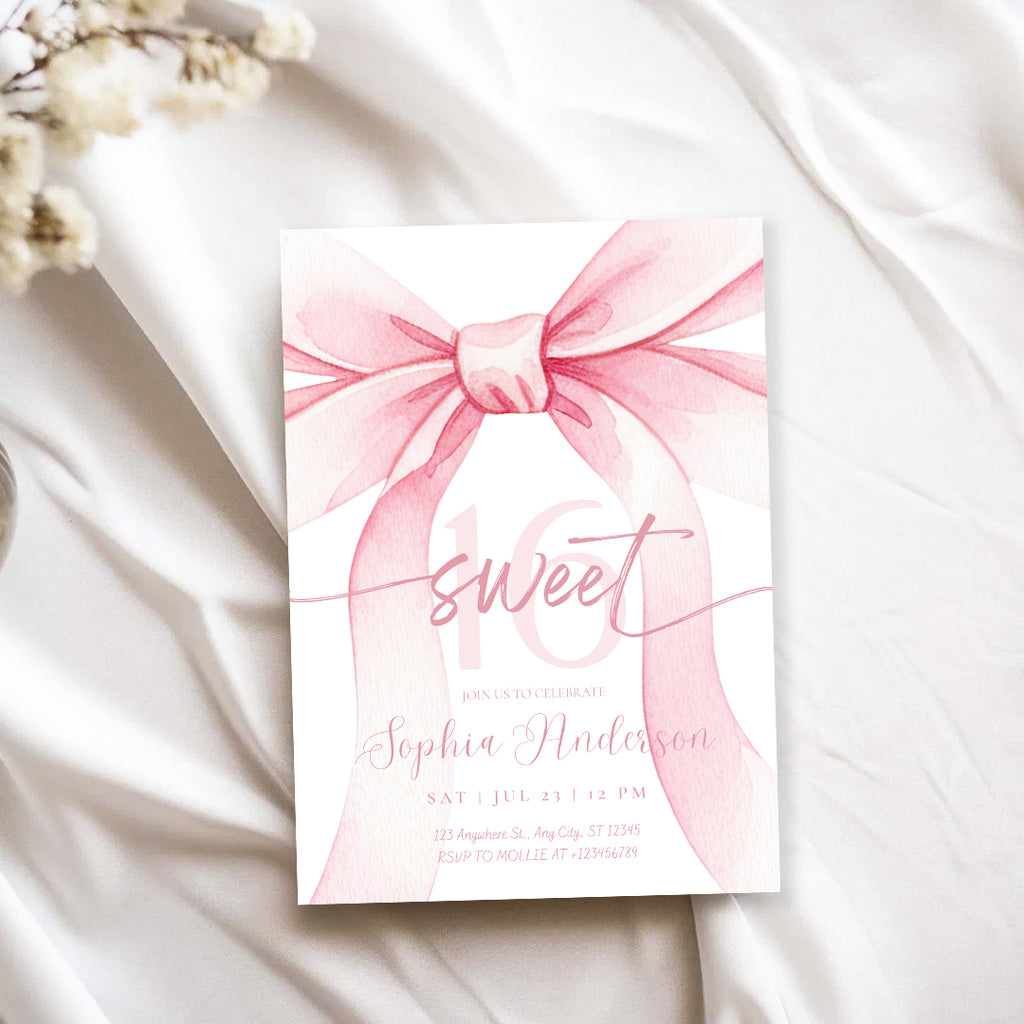 Blush Pink Bow Sweet 16 Invitation Template | Editable 16th Birthday Party Invite | Canva Instant Download