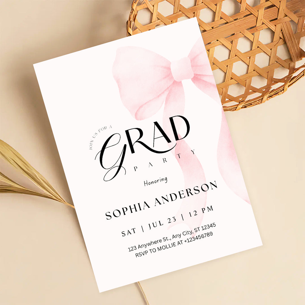 Elegant Blush Pink Bow Graduation Invitation with Photo | Editable Graduation Party Invite