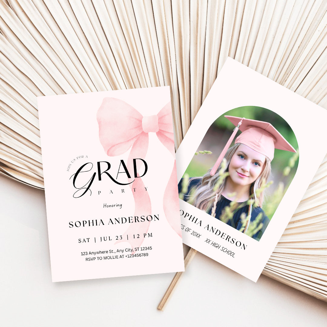 Elegant Blush Pink Bow Graduation Invitation with Photo | Editable Graduation Party Invite