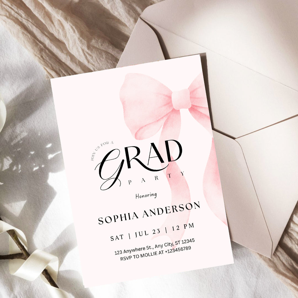Elegant Blush Pink Bow Graduation Invitation with Photo | Editable Graduation Party Invite