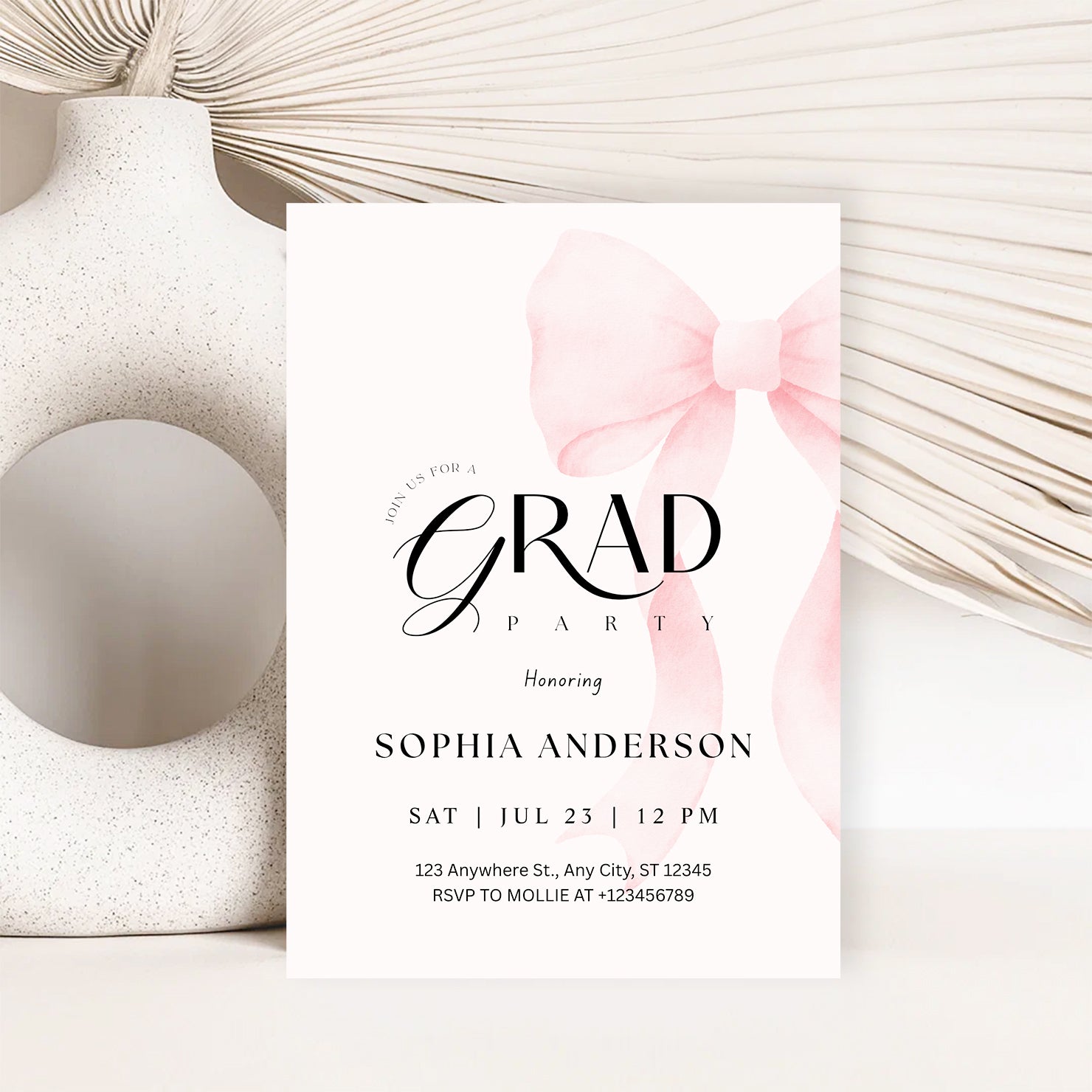 Elegant Blush Pink Bow Graduation Invitation with Photo | Editable Graduation Party Invite