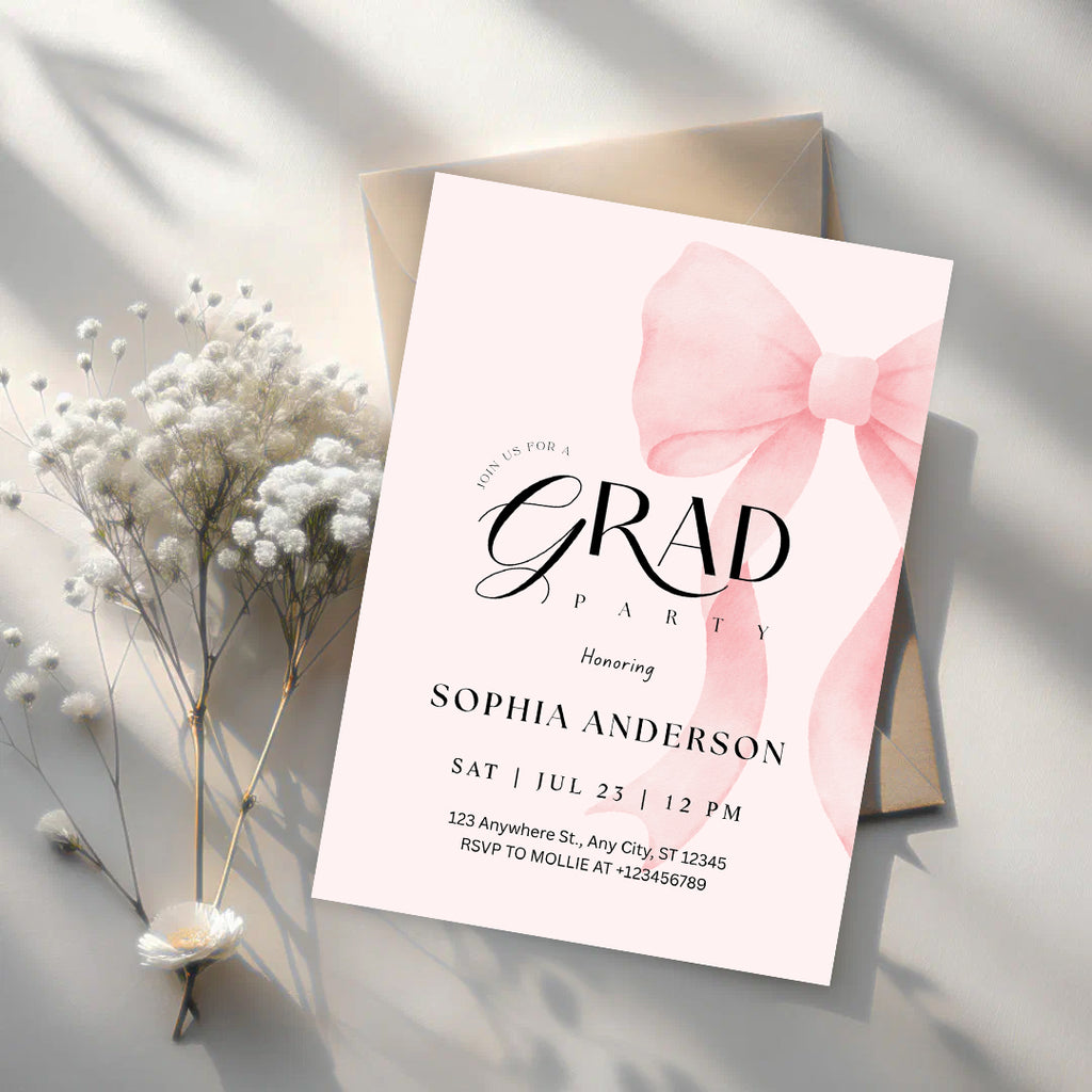 Elegant Blush Pink Bow Graduation Invitation with Photo | Editable Graduation Party Invite