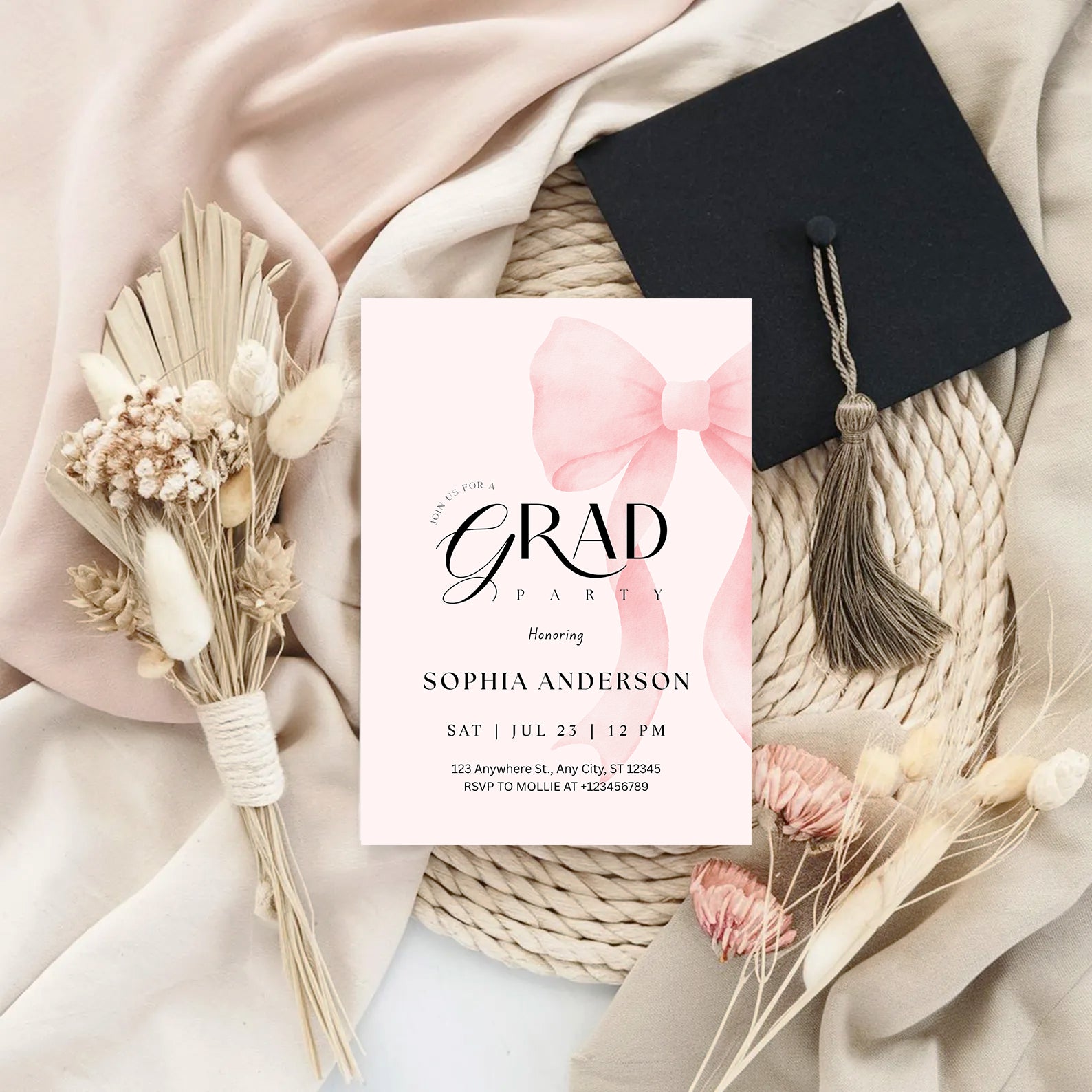 Elegant Blush Pink Bow Graduation Invitation with Photo | Editable Graduation Party Invite