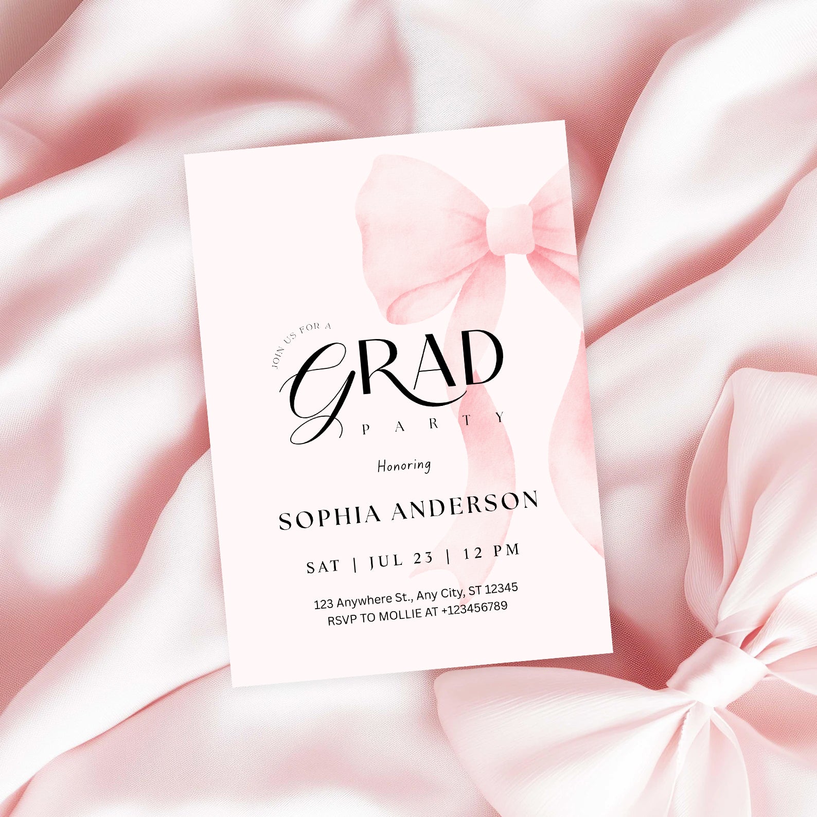 Elegant Blush Pink Bow Graduation Invitation with Photo | Editable Graduation Party Invite