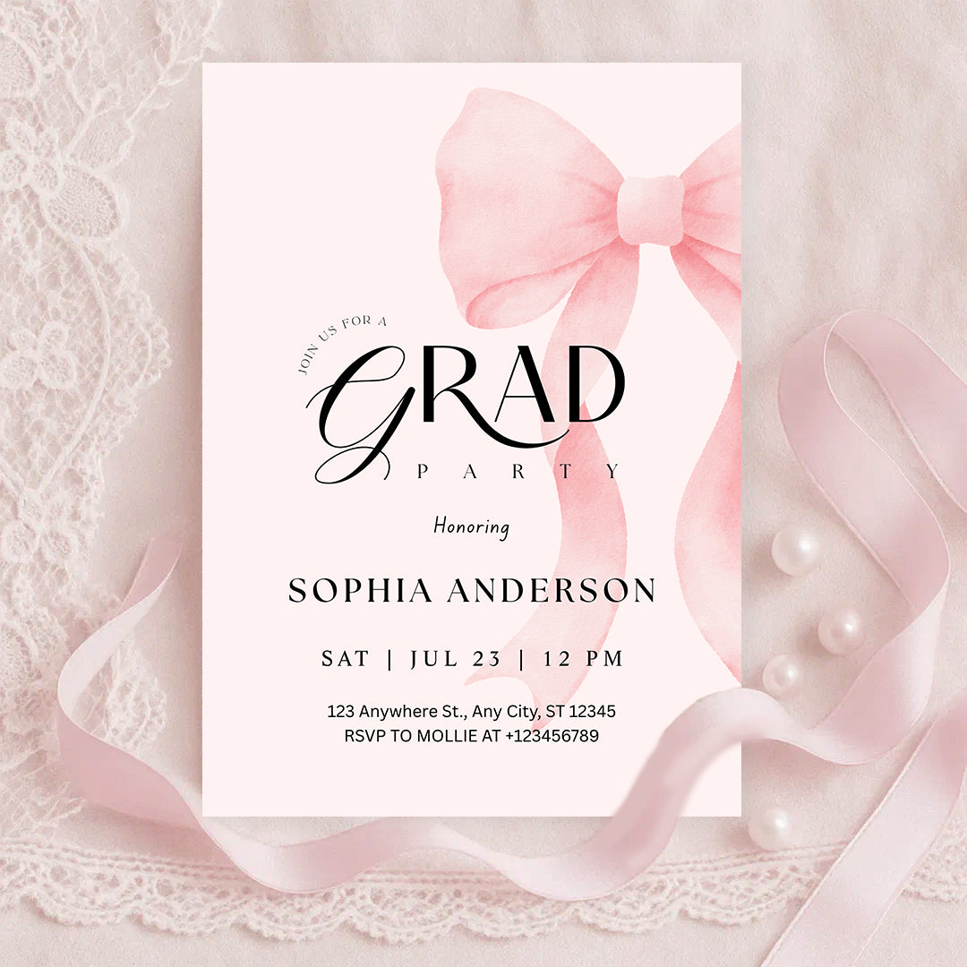 Elegant Blush Pink Bow Graduation Invitation with Photo | Editable Graduation Party Invite