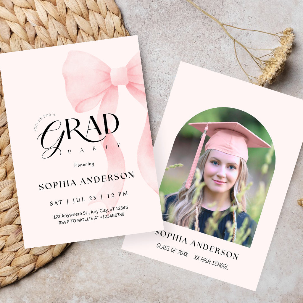 Elegant Blush Pink Bow Graduation Invitation with Photo | Editable Graduation Party Invite