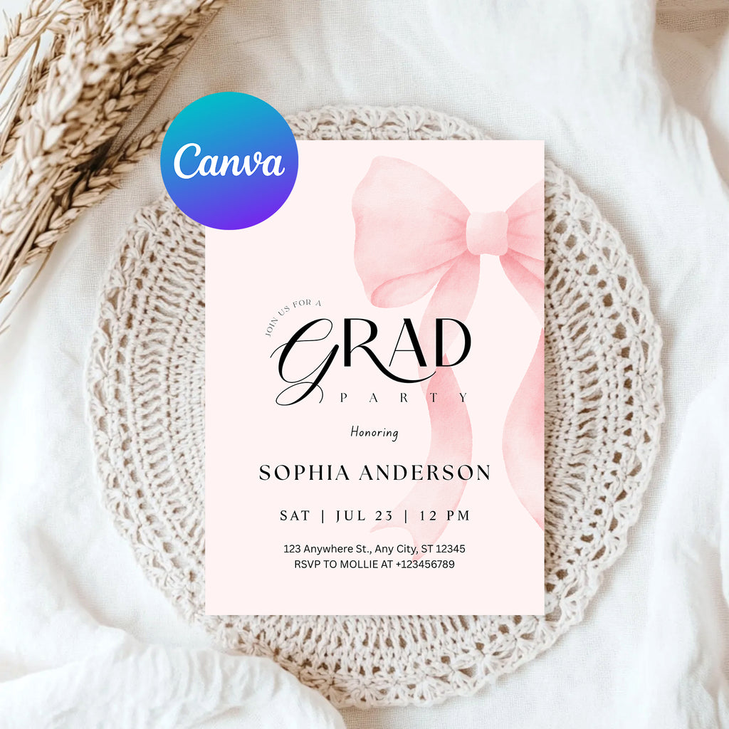 Elegant Blush Pink Bow Graduation Invitation with Photo | Editable Graduation Party Invite