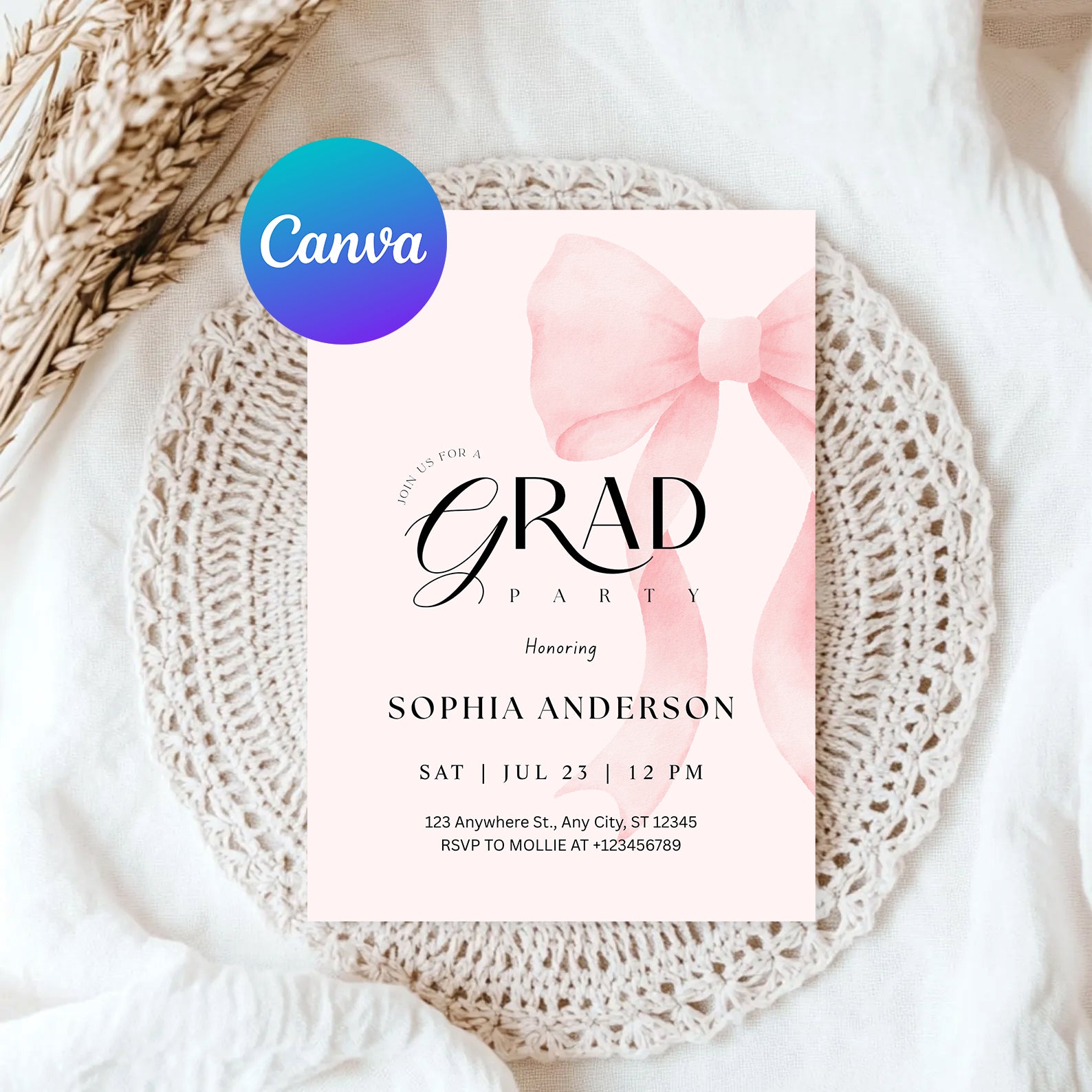 Elegant Blush Pink Bow Graduation Invitation with Photo | Editable Graduation Party Invite