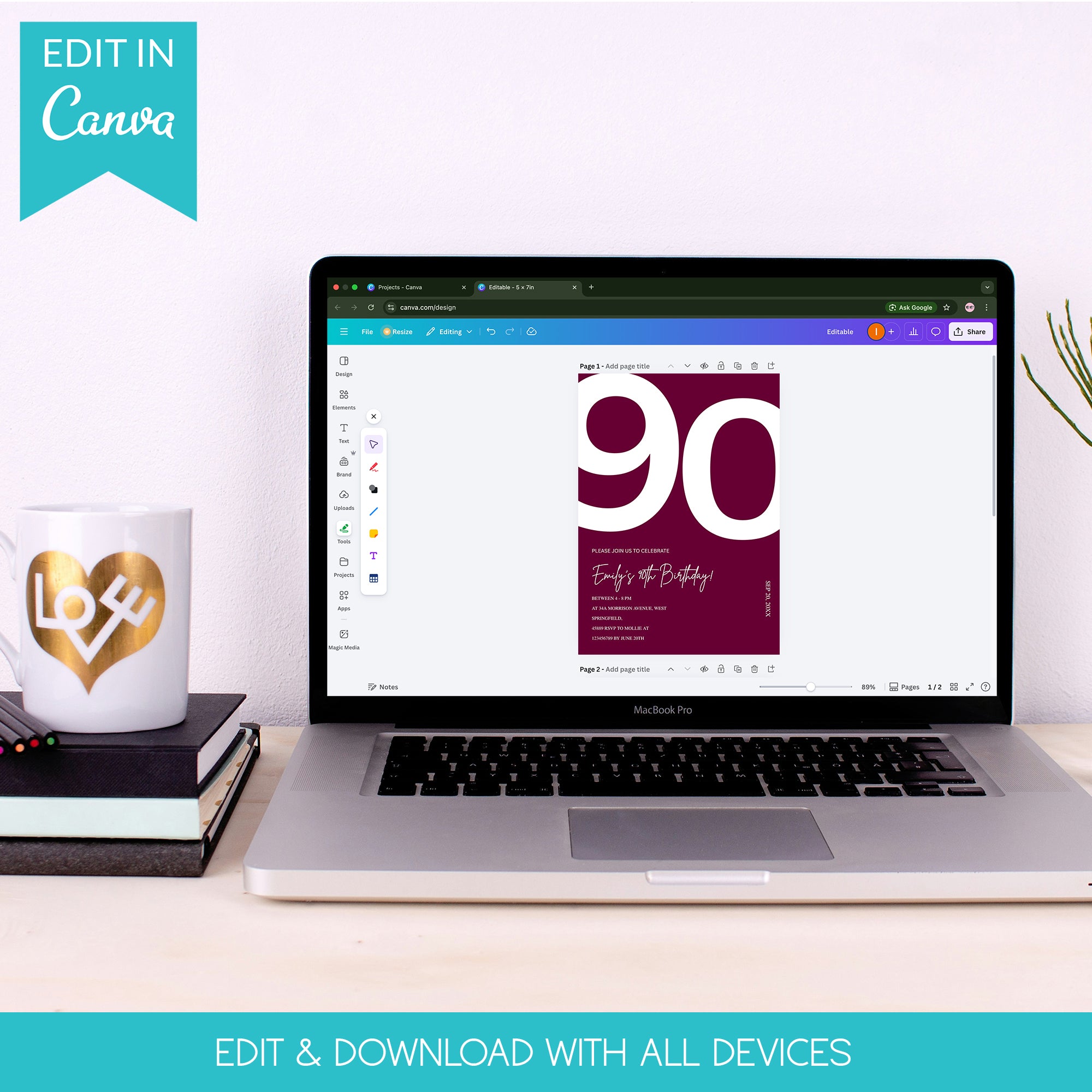 Elegant Burgundy 90th Birthday Invitation Template | Chic Ninety Milestone Party Invite | Editable & Instant Download