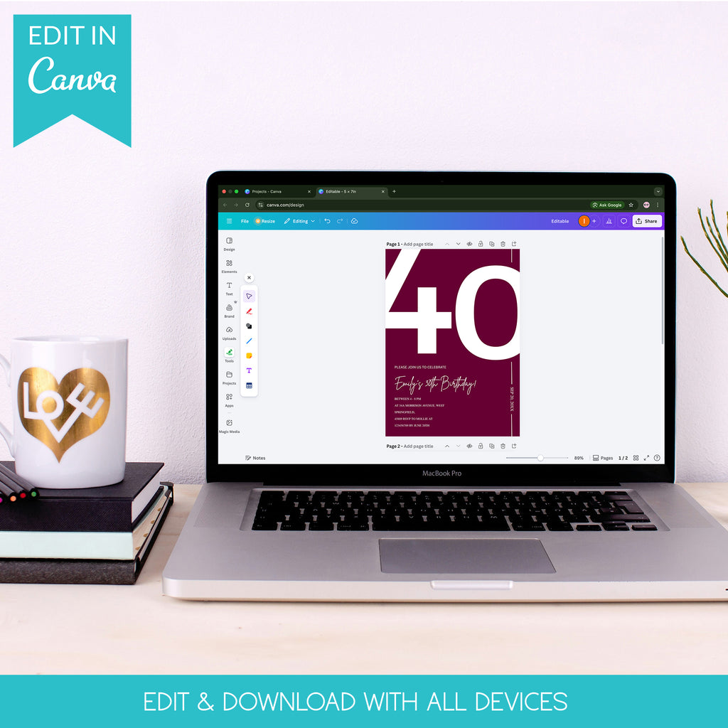 Elegant Burgundy 40th Birthday Invitation Template | Chic Forty Milestone Party Invite | Editable & Instant Download