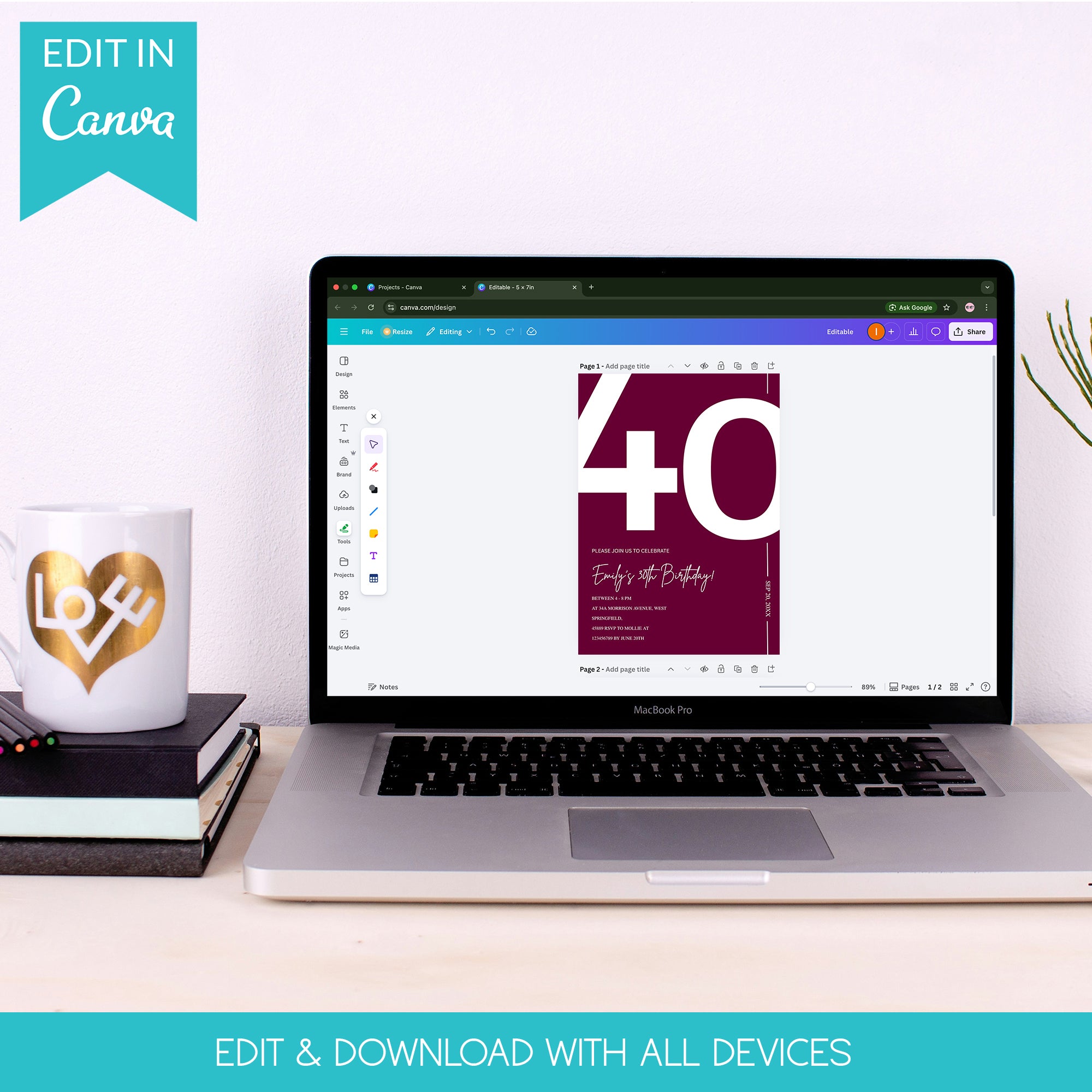 Elegant Burgundy 40th Birthday Invitation Template | Chic Forty Milestone Party Invite | Editable & Instant Download