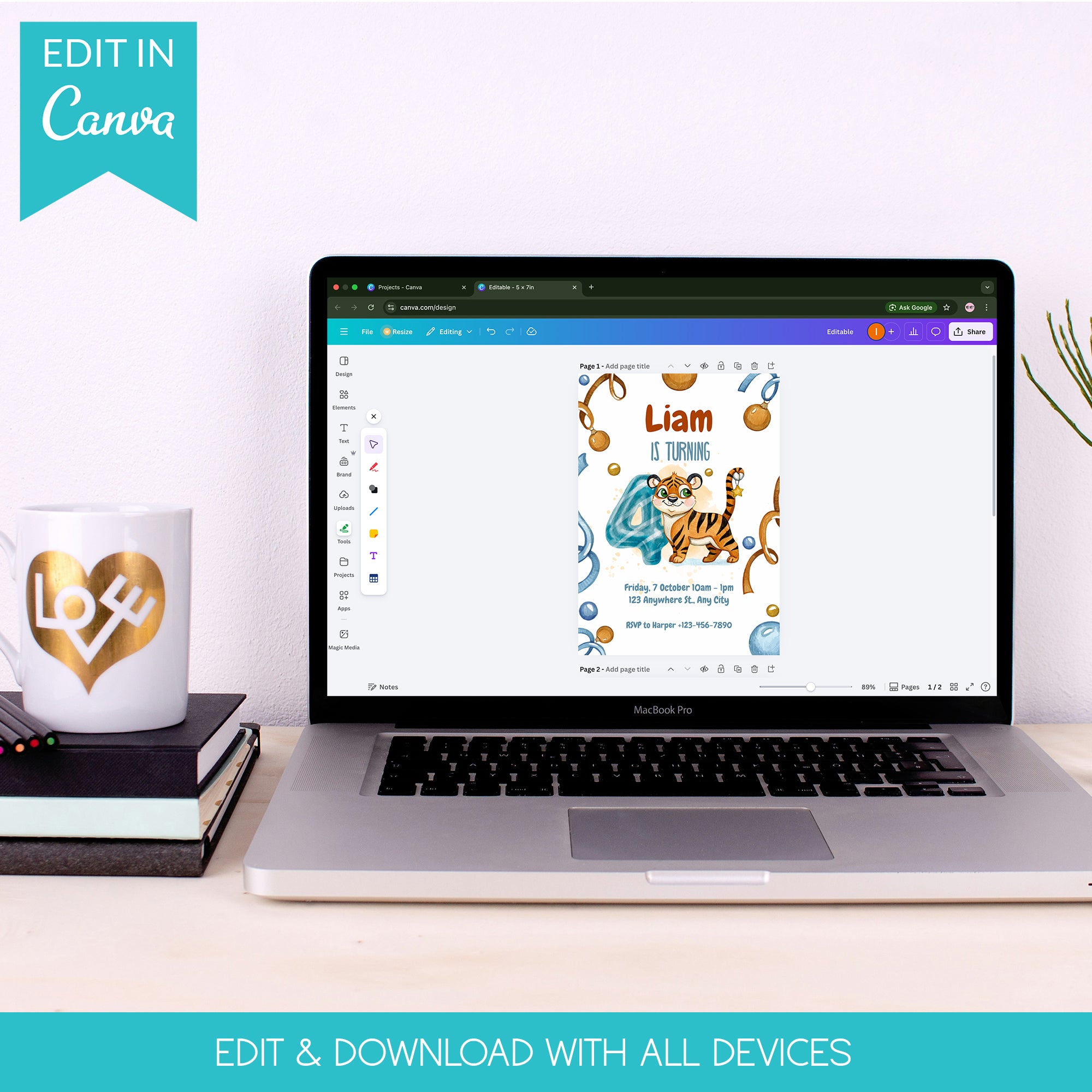 Wild & Cute Tiger 4th Birthday Invitation – Editable Canva Template