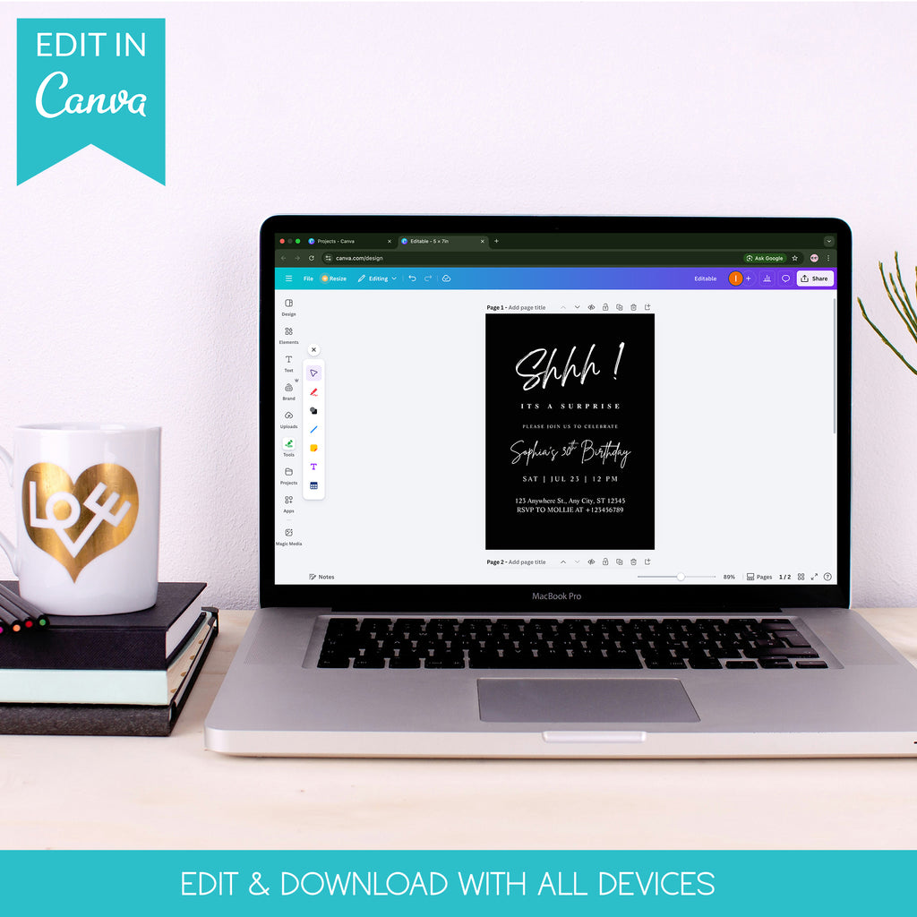 Elegant White Calligraphy Surprise Party Invitation – Editable Canva Template