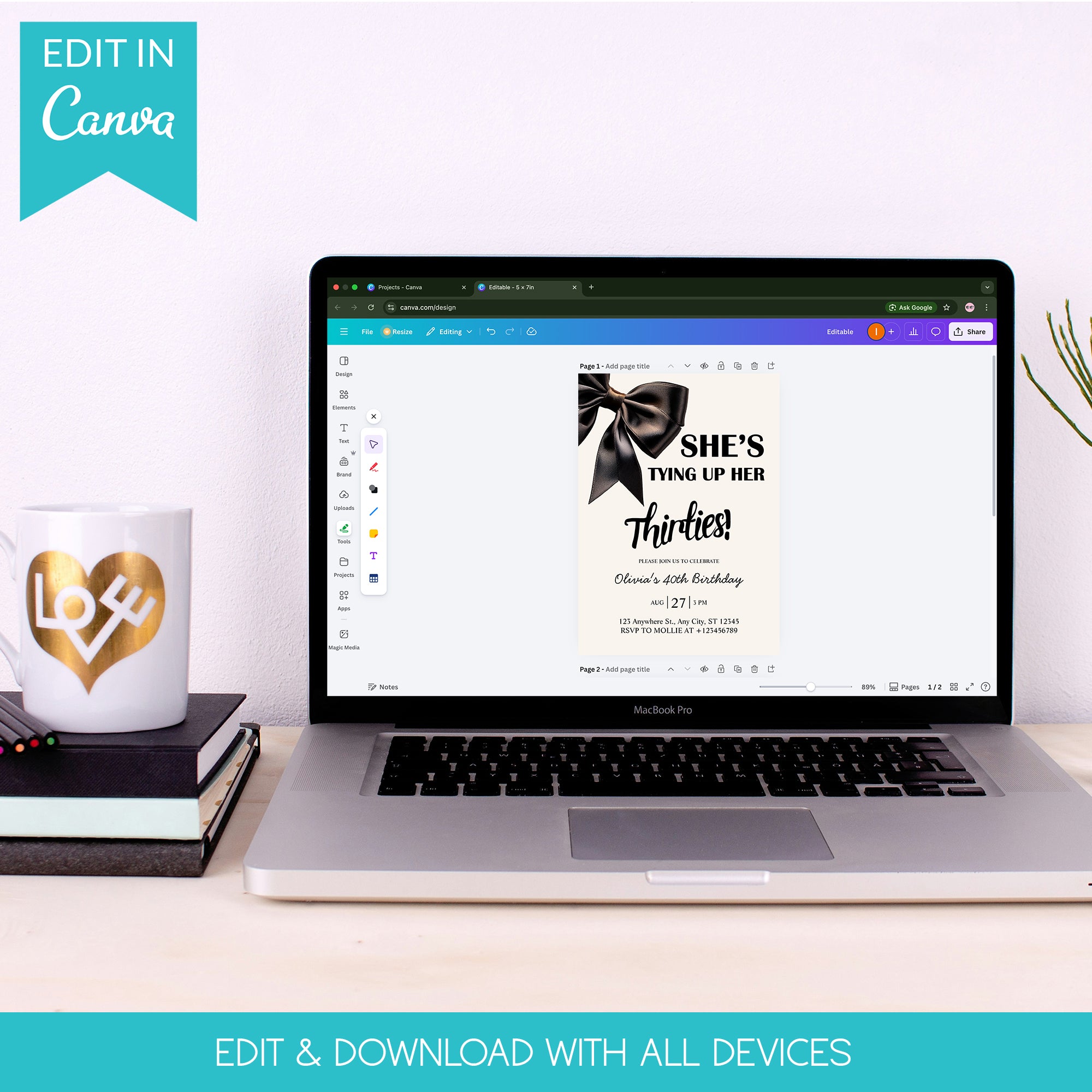 Elegant Black Bow Birthday Invitation – Editable Canva Template