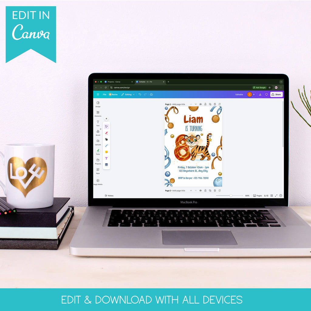 Wild & Cute Tiger 8th Birthday Invitation – Editable Canva Template