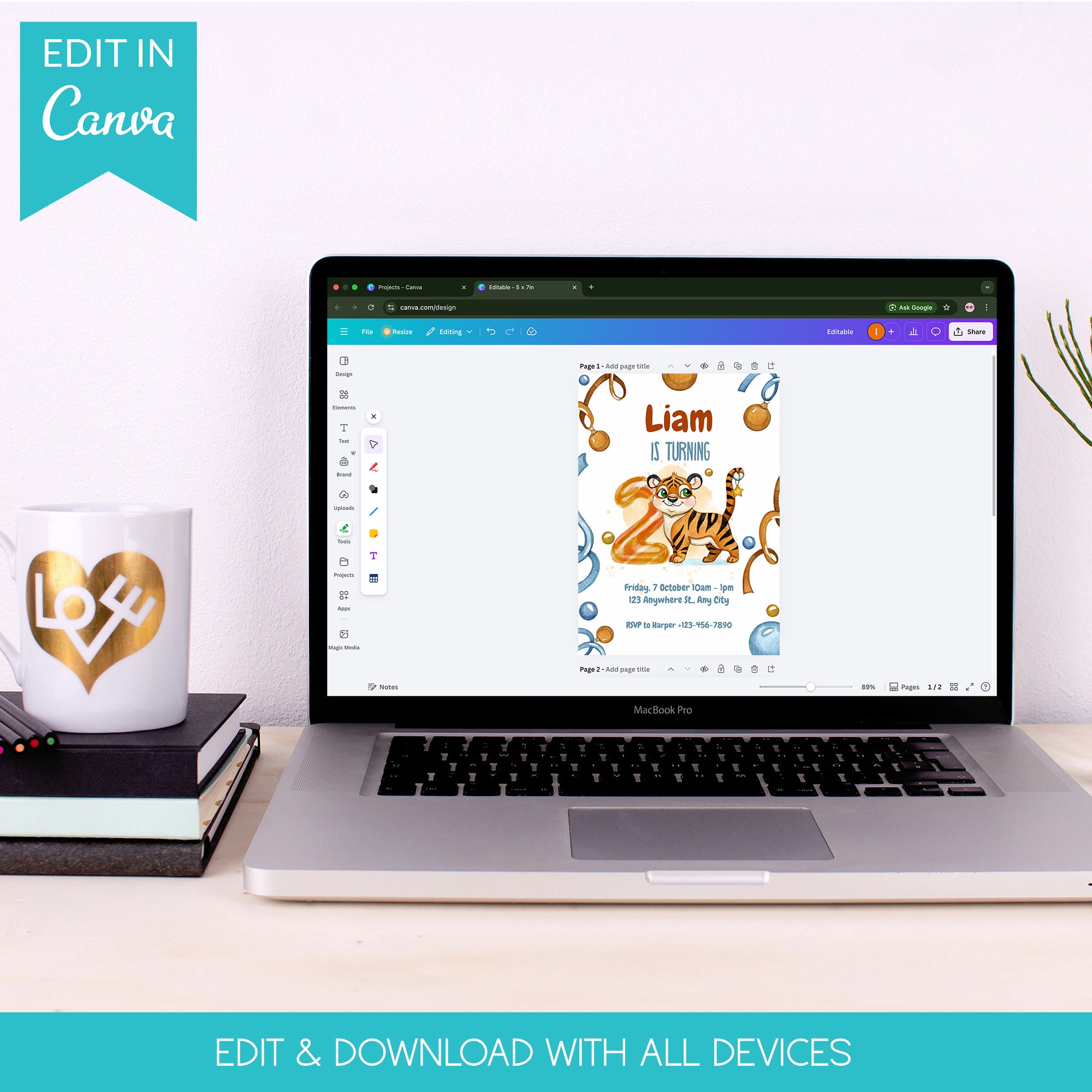 Wild & Cute Tiger 2nd Birthday Invitation – Editable Canva Template