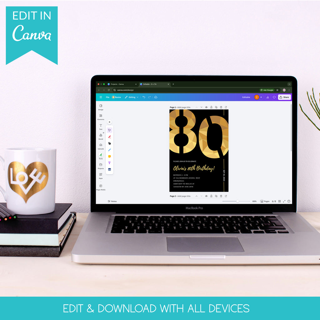 Elegant Black & Gold 80th Birthday Invitation Template | Editable Birthday Party Invite | Instant Download Canva