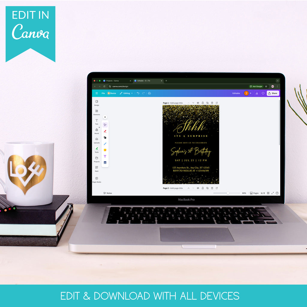 Elegant Black & Gold Surprise Birthday Invitation – Editable Canva Template