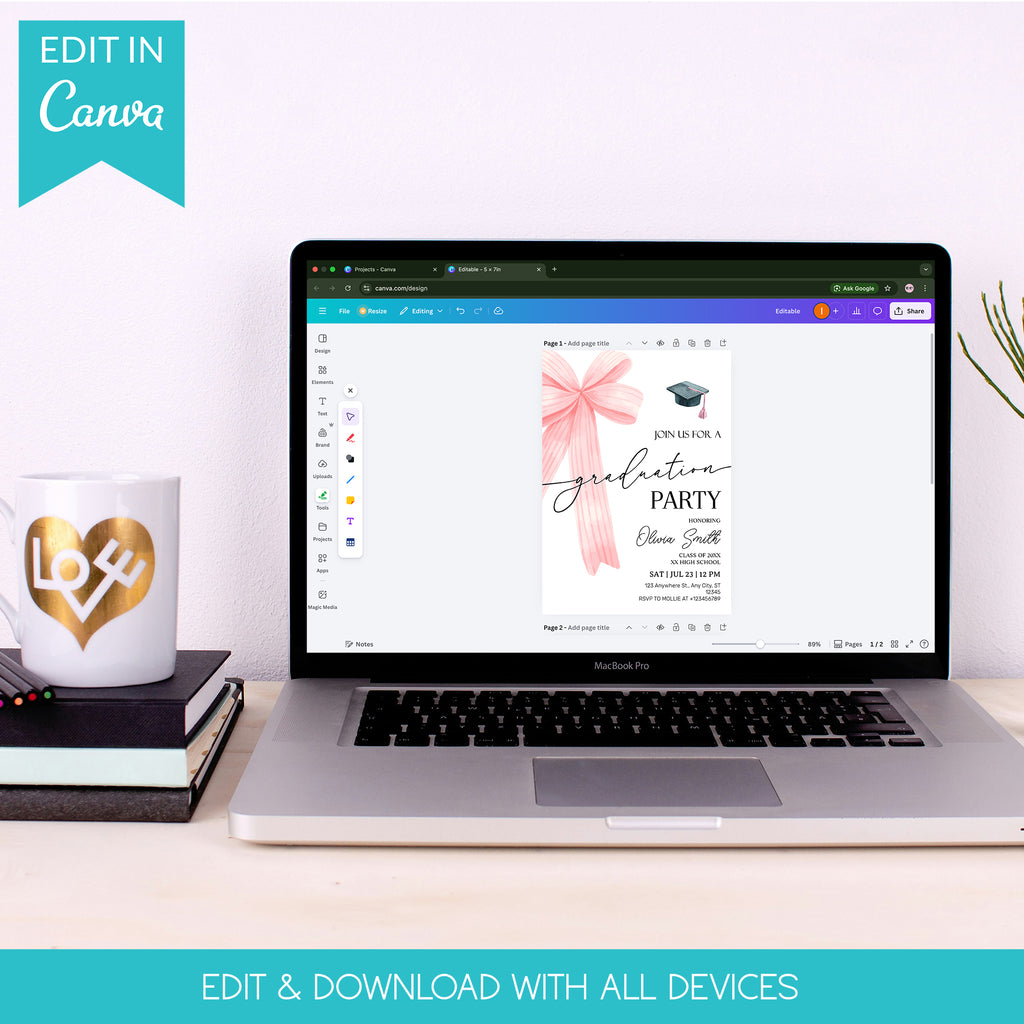 Pink Bow Graduation Party Invitation – Editable Canva Template