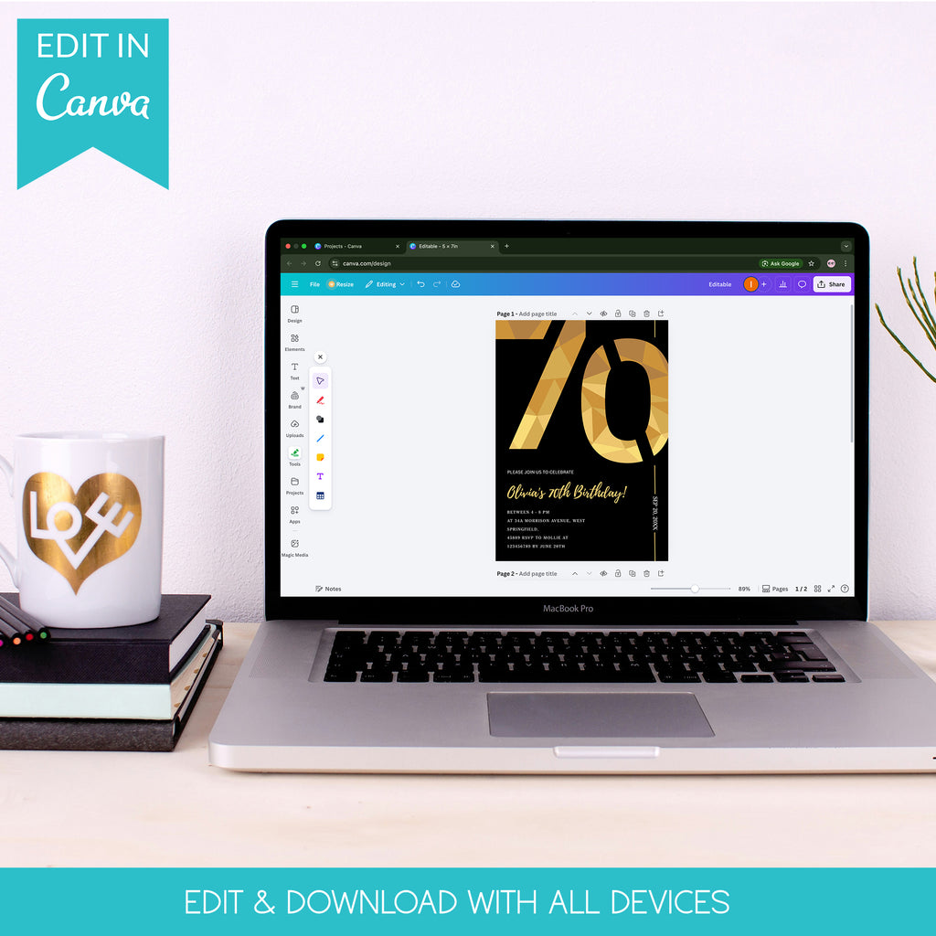 Elegant Black & Gold 70th Birthday Invitation Template | Editable Birthday Party Invite | Instant Download Canva