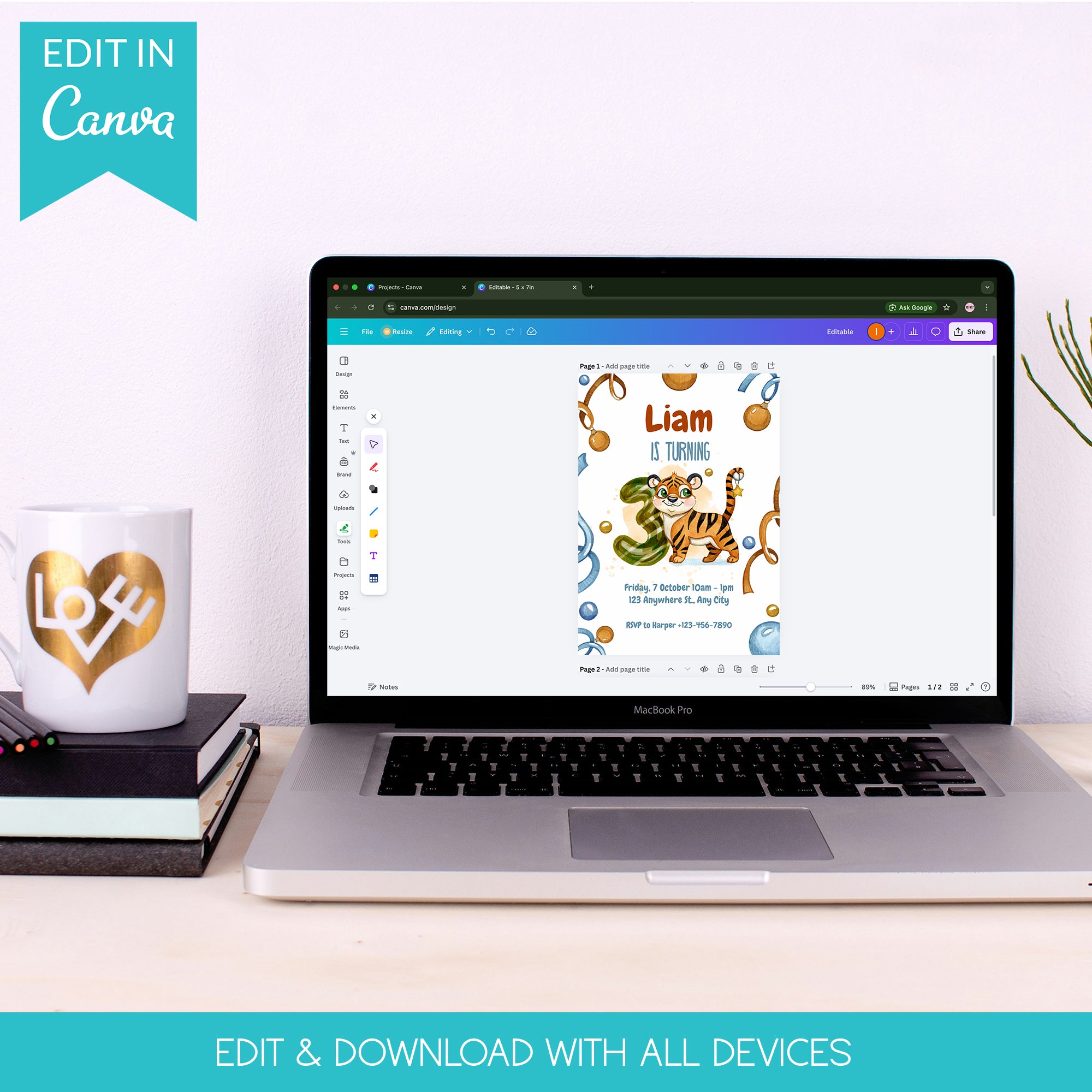 Wild & Cute Tiger 3rd Birthday Invitation – Editable Canva Template