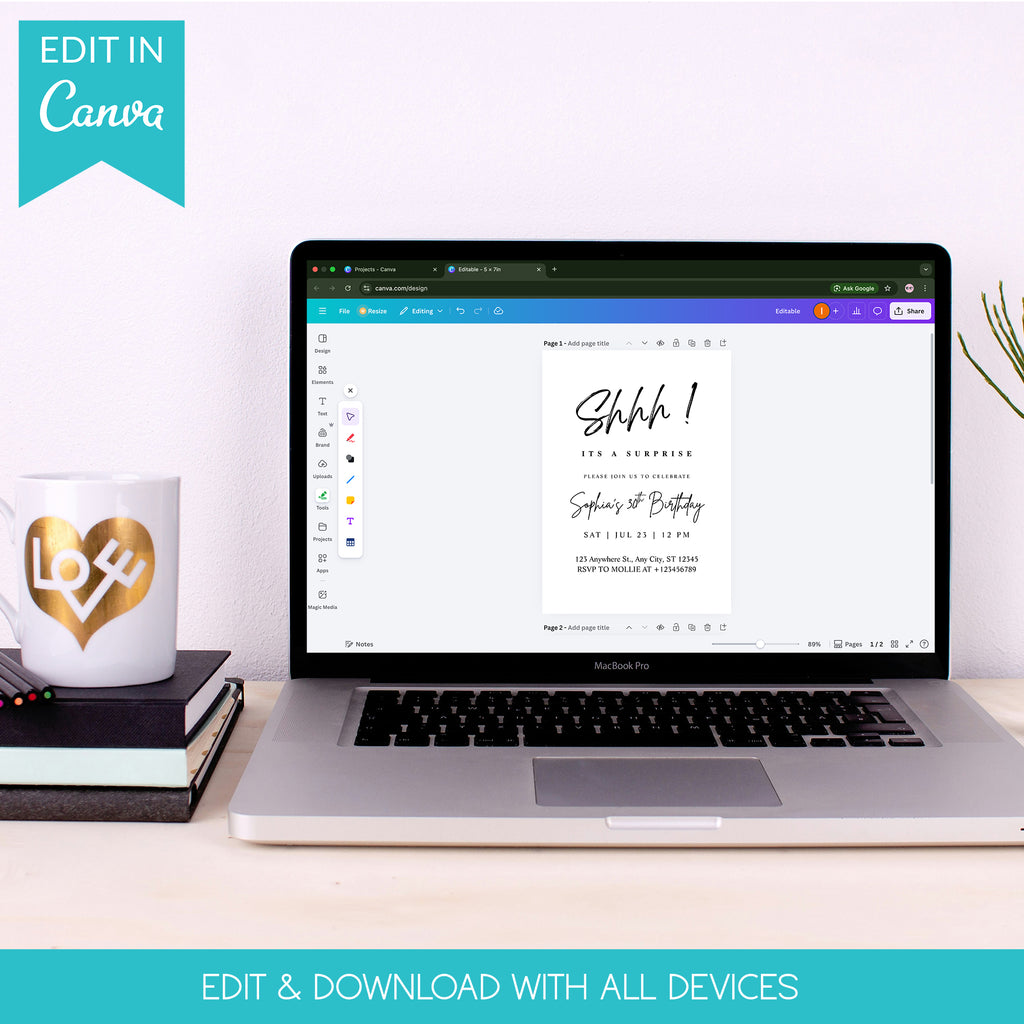 Elegant Black Calligraphy Surprise Party Invitation – Editable Canva Template