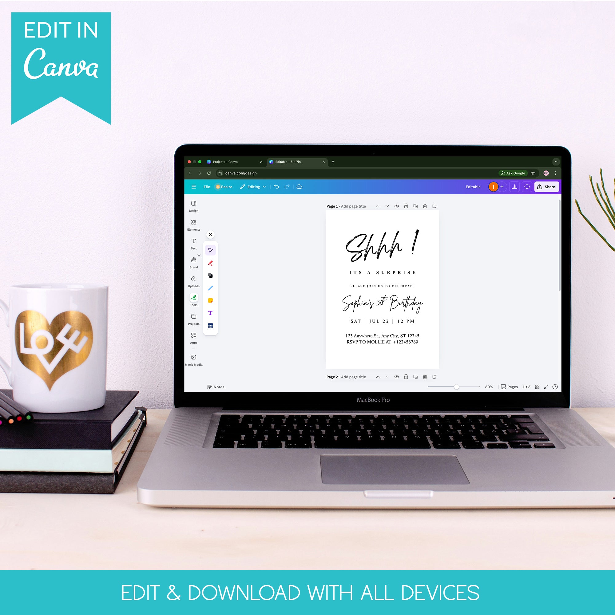 Elegant Black Calligraphy Surprise Party Invitation – Editable Canva Template