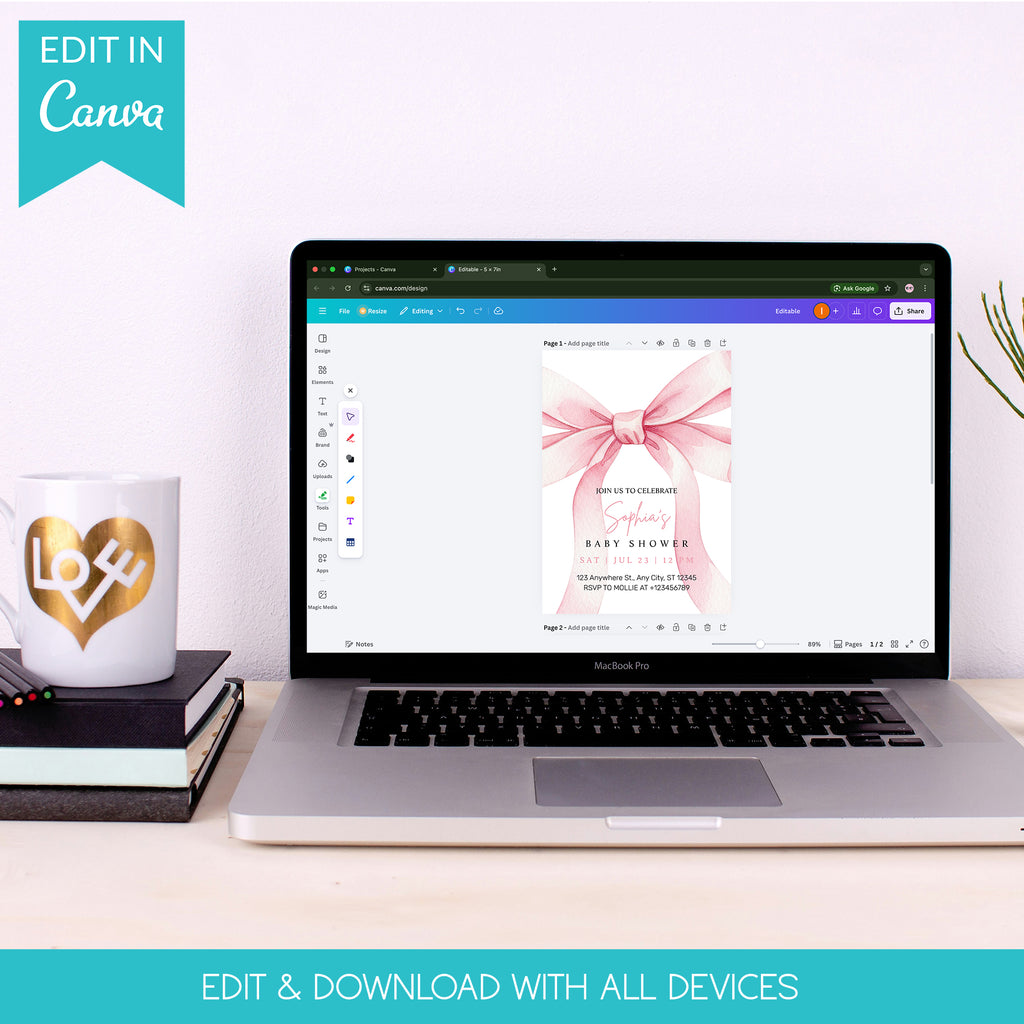 Elegant Pink Bow Girl Baby Shower Invitation – Editable Canva Template