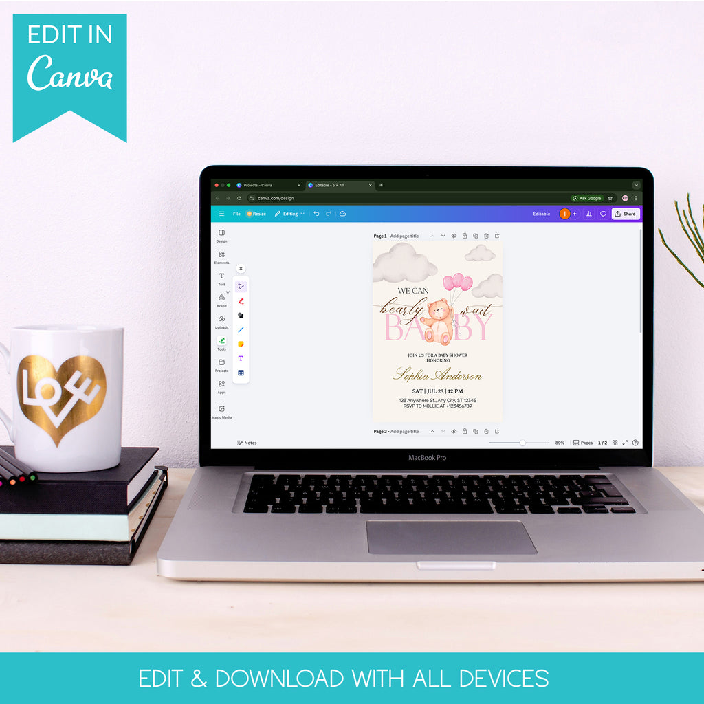 We Can Bearly Wait Pink Teddy Bear Baby Shower Invitation – Editable Canva Template