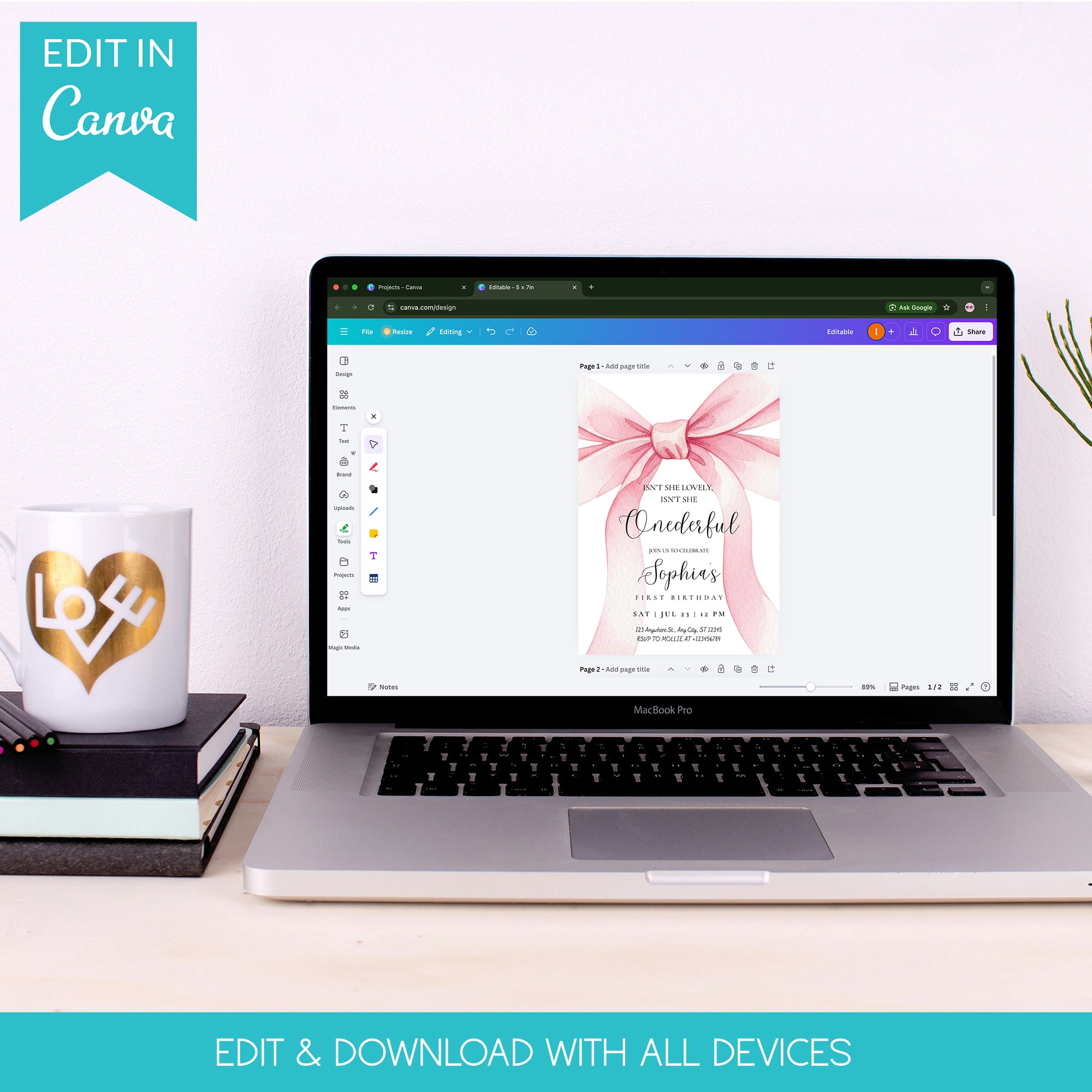 Pink Bow Onederful First Birthday Invitation – Editable Canva Template