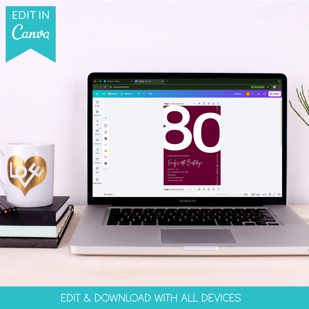 Elegant Burgundy 80th Birthday Invitation Template | Chic Eighty Milestone Party Invite | Editable & Instant Download