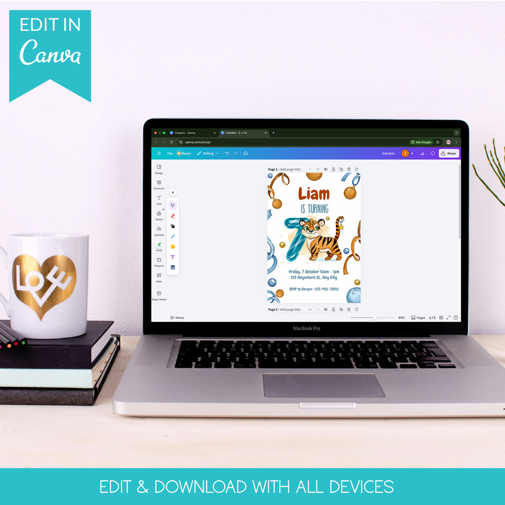 Wild & Cute Tiger 7th Birthday Invitation – Editable Canva Template