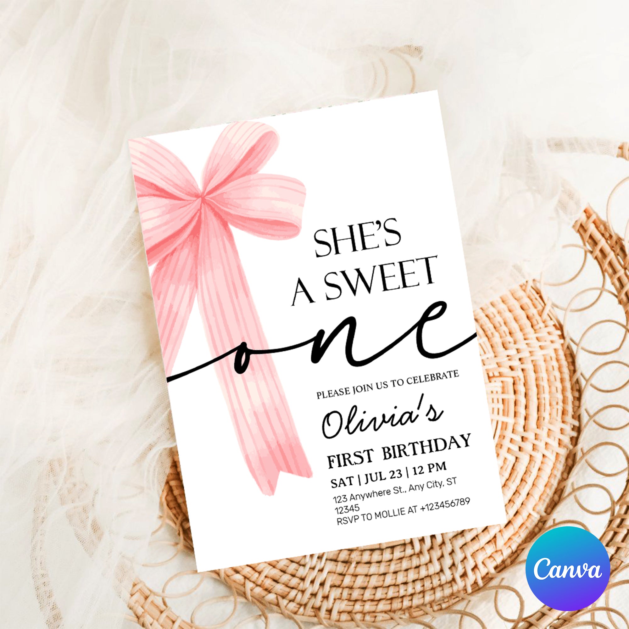 Pink Bow 1st Birthday Invitation – Editable Canva Template