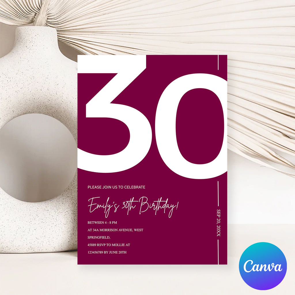Elegant Burgundy 30th Birthday Invitation Template | Chic Thirty Milestone Party Invite | Editable & Instant Download