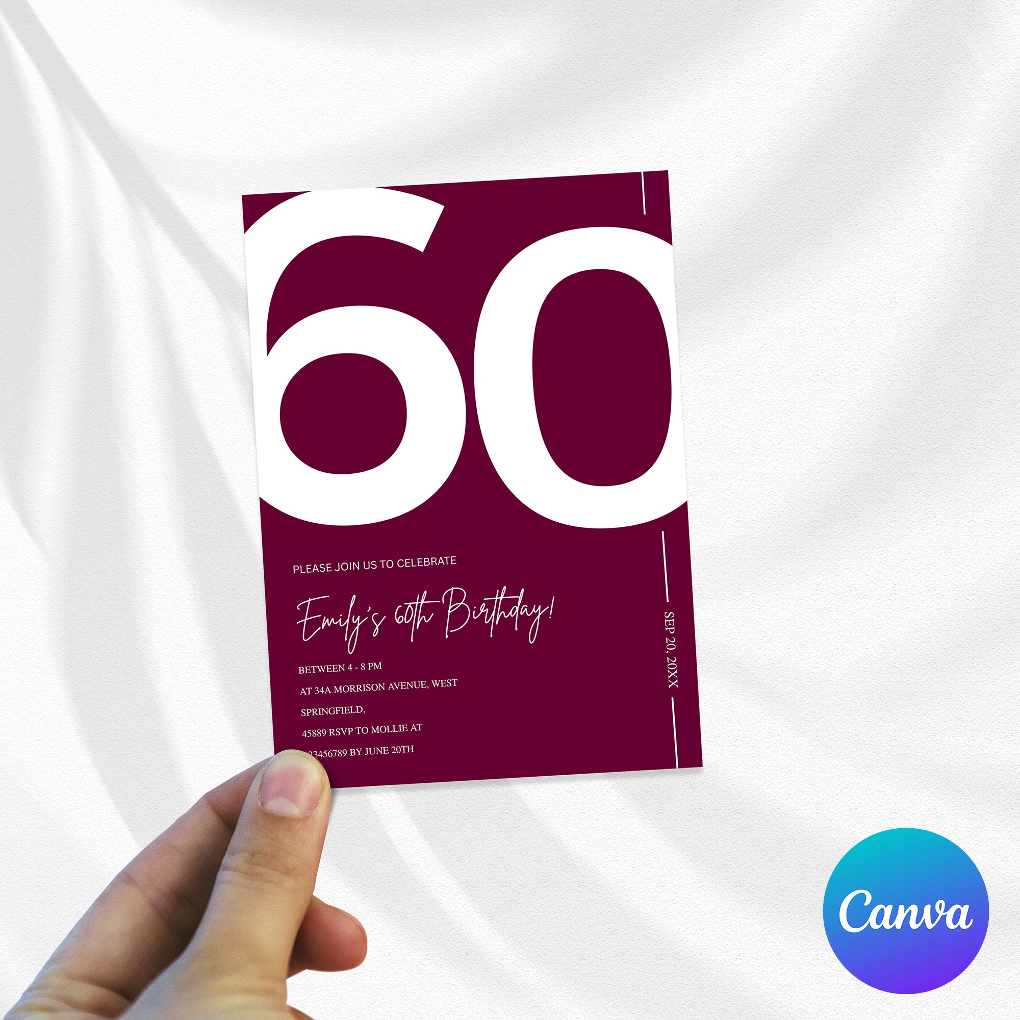 Elegant Burgundy 60th Birthday Invitation Template | Chic Sixty Milestone Party Invite | Editable & Instant Download