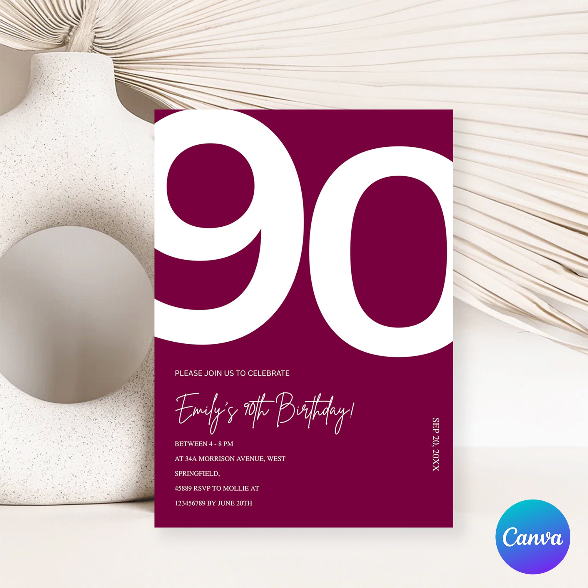 Elegant Burgundy 90th Birthday Invitation Template | Chic Ninety Milestone Party Invite | Editable & Instant Download