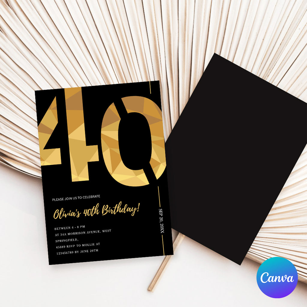 Elegant Black & Gold 40th Birthday Invitation Template | Editable Birthday Party Invite | Instant Download Canva