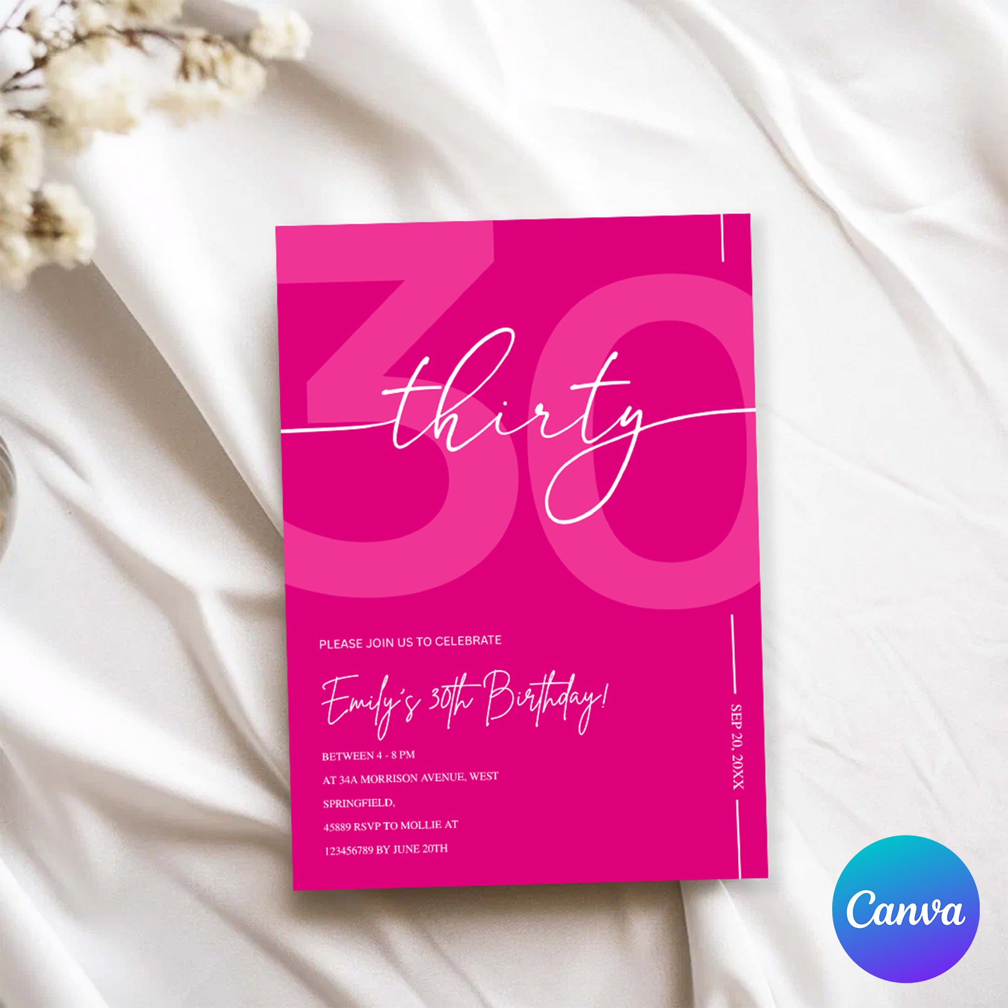 Modern Pink 30th Birthday Invitation | Minimalist Editable Canva Template
