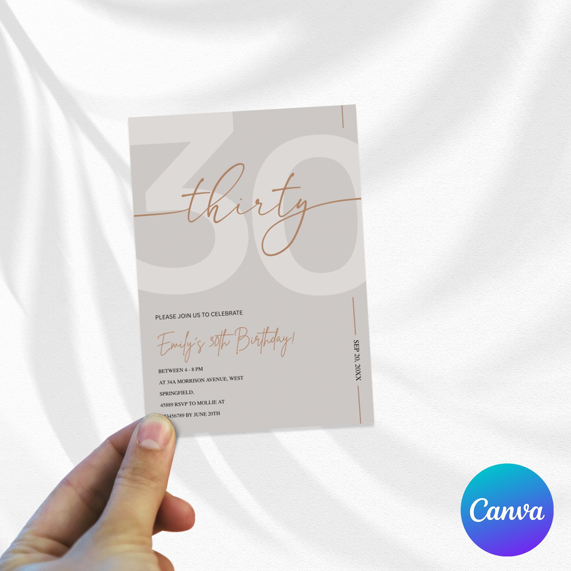 Modern Beige & Gold 30th Birthday Invitation – Editable Canva Template