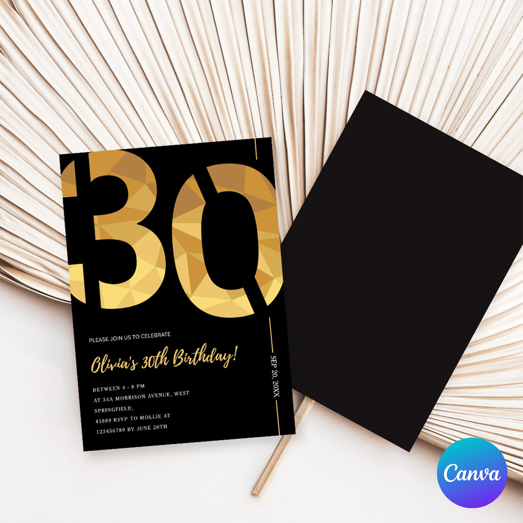 Elegant Black & Gold 30th Birthday Invitation Template | Editable Birthday Party Invite | Instant Download Canva