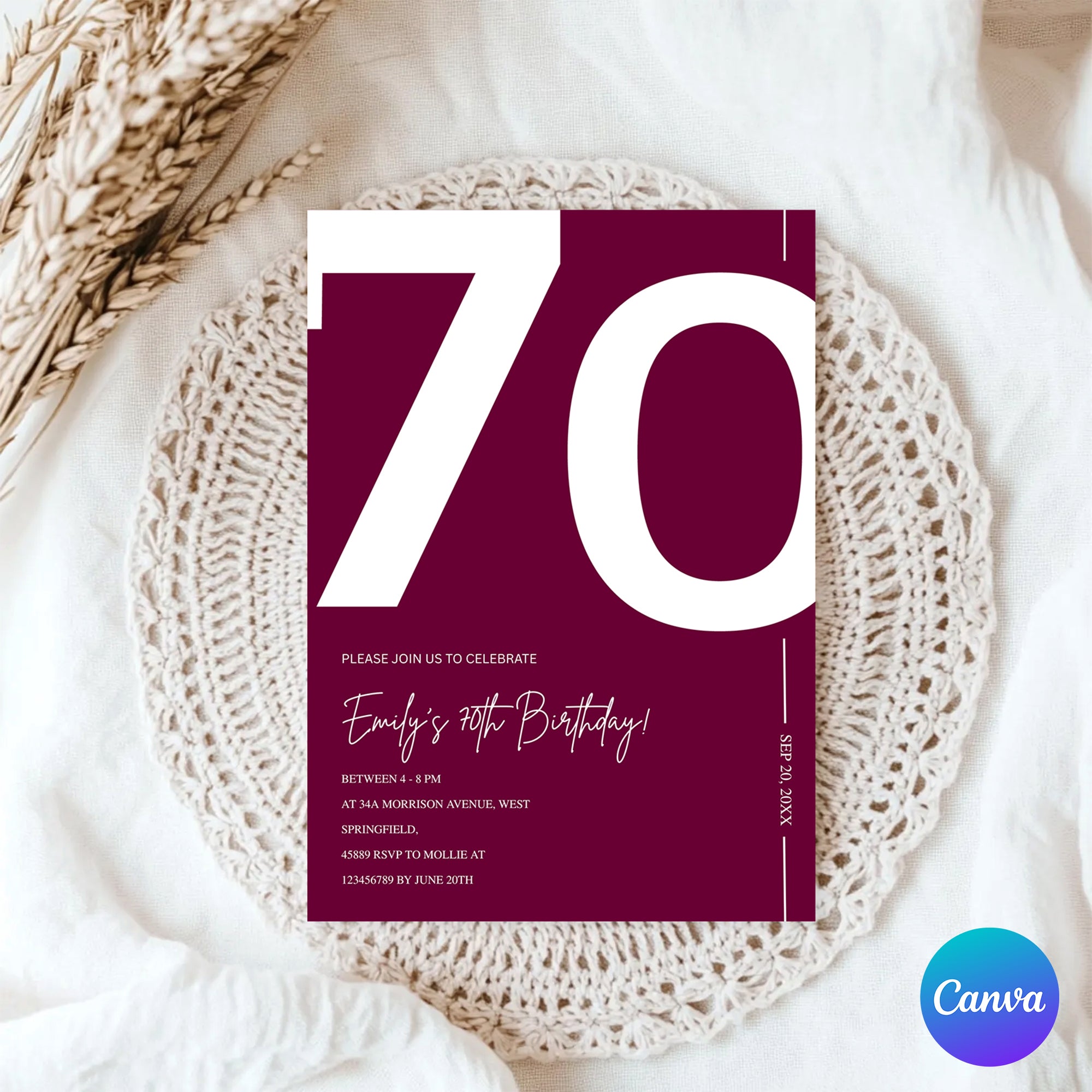 Elegant Burgundy 70th Birthday Invitation Template | Chic Seventy Milestone Party Invite | Editable & Instant Download