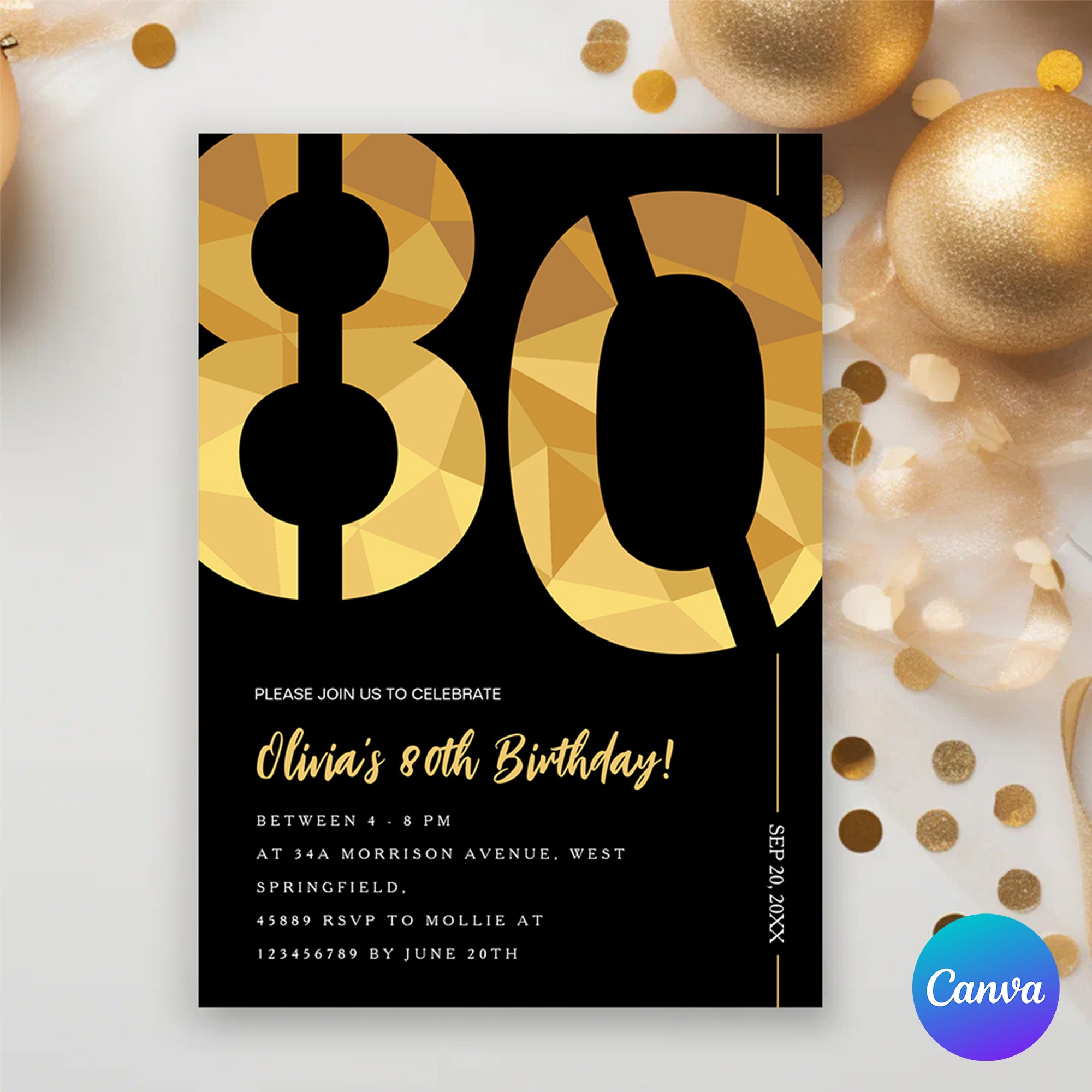Elegant Black & Gold 80th Birthday Invitation Template | Editable Birthday Party Invite | Instant Download Canva