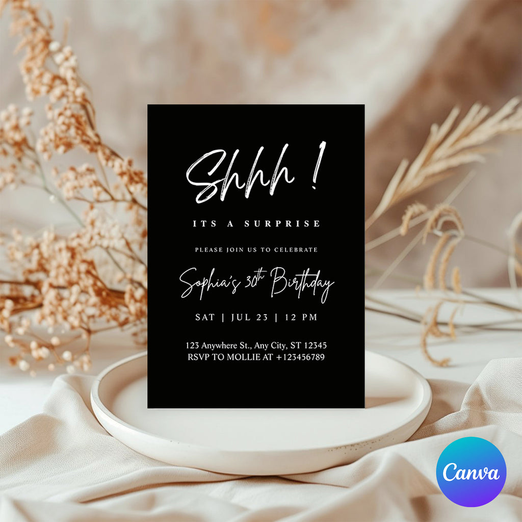 Elegant White Calligraphy Surprise Party Invitation – Editable Canva Template