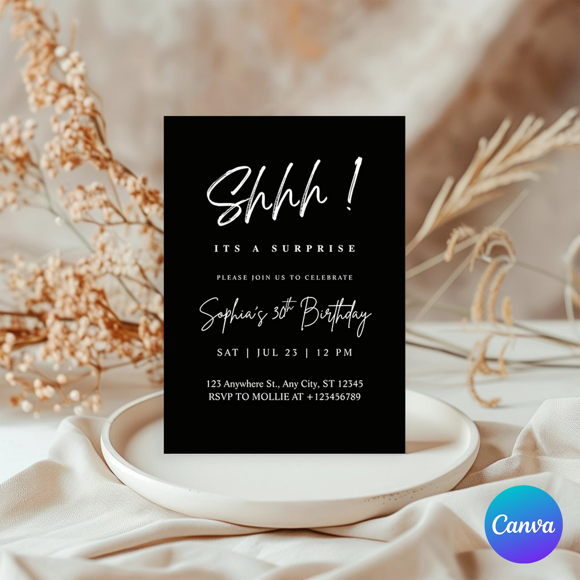 Elegant White Calligraphy Surprise Party Invitation – Editable Canva Template