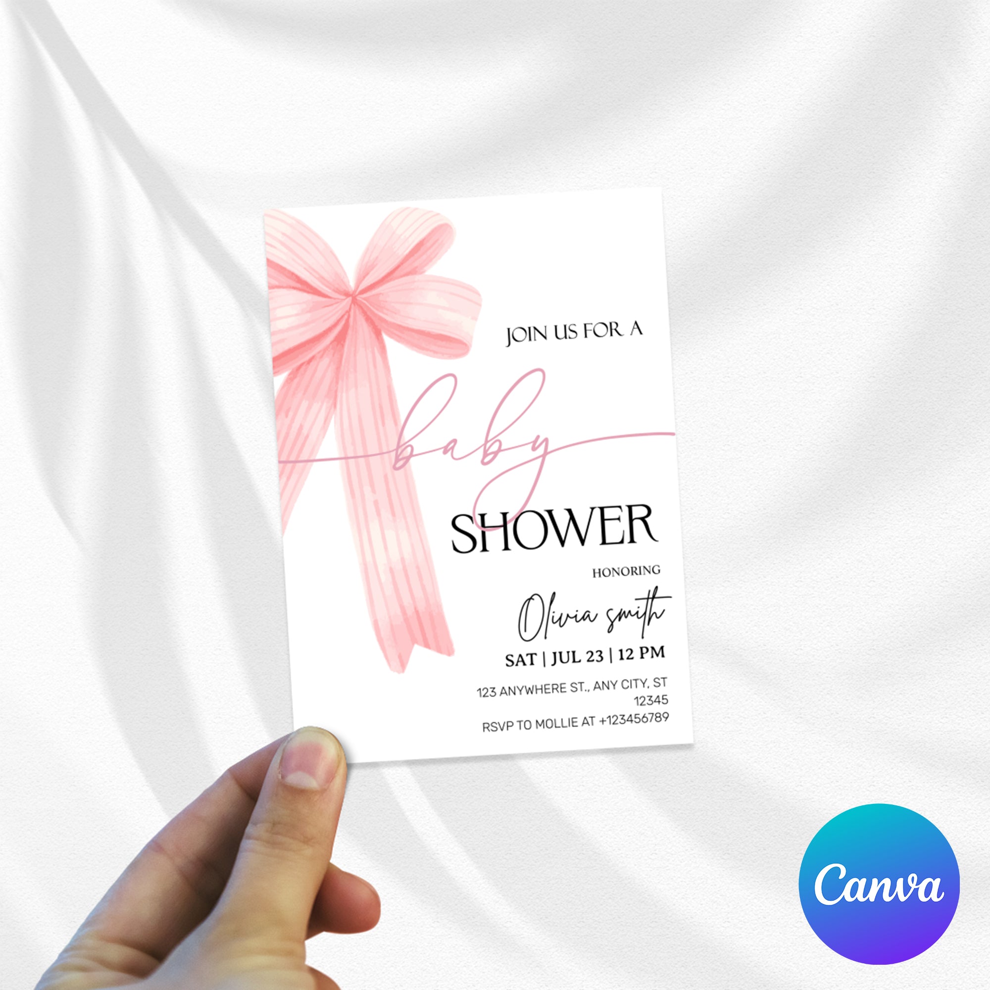 Elegant Pink Bow Baby Shower Invitation – Editable Canva Template