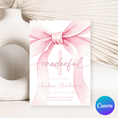 Blush Pink Bow Onederful 1st Birthday Invitation Template | Girl First Birthday Party Invite | Editable Canva Instant Download