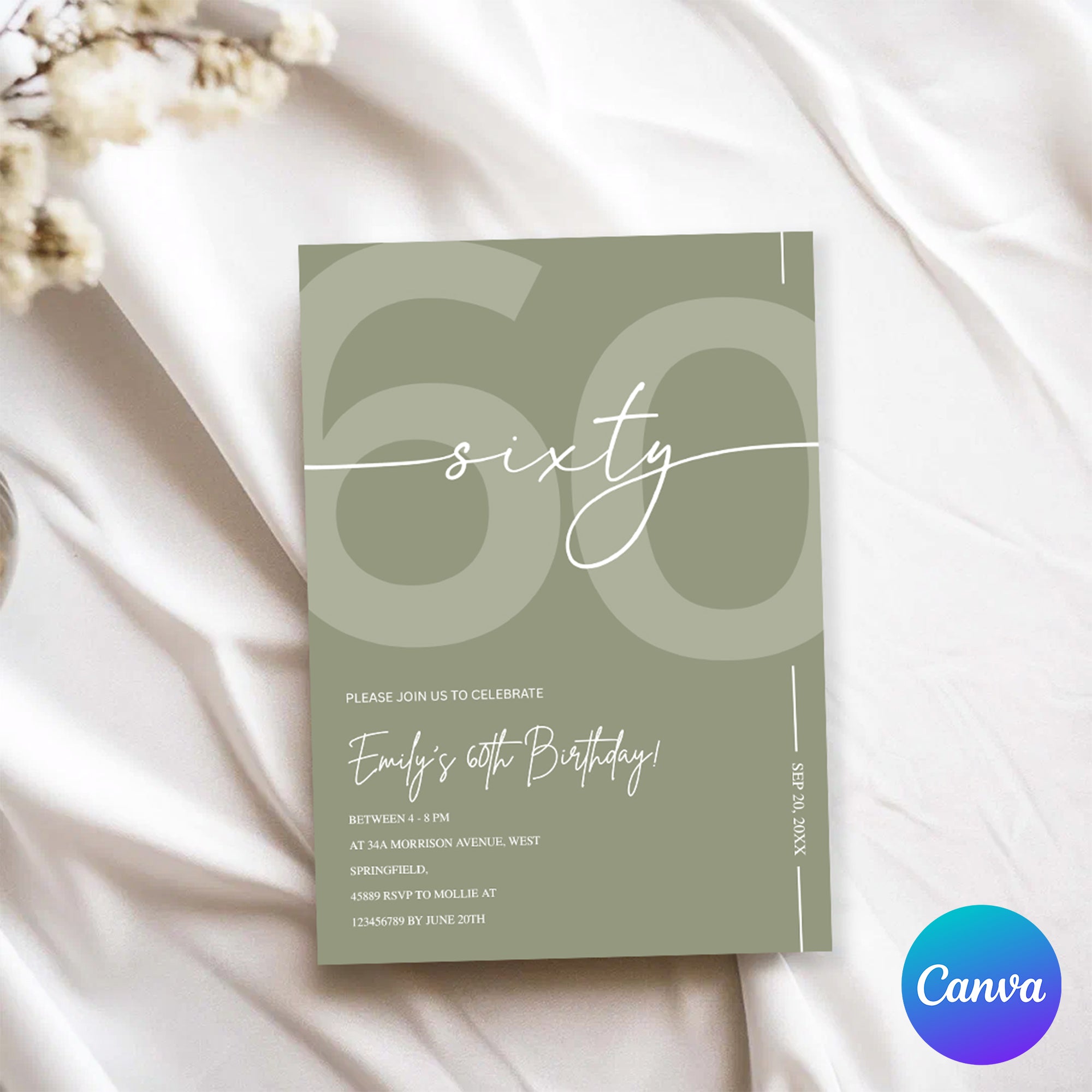 Elegant Sage Green 60th Birthday Invitation Template | Minimalist Sixty Milestone Party Invite | Editable & Instant Download