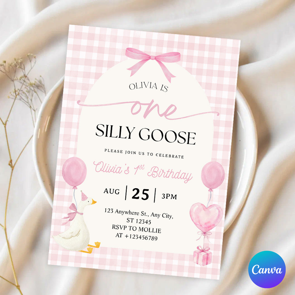 Editable One Silly Goose 1st Birthday Invitation | Pink Bow Gingham Canva Template – Instant Download