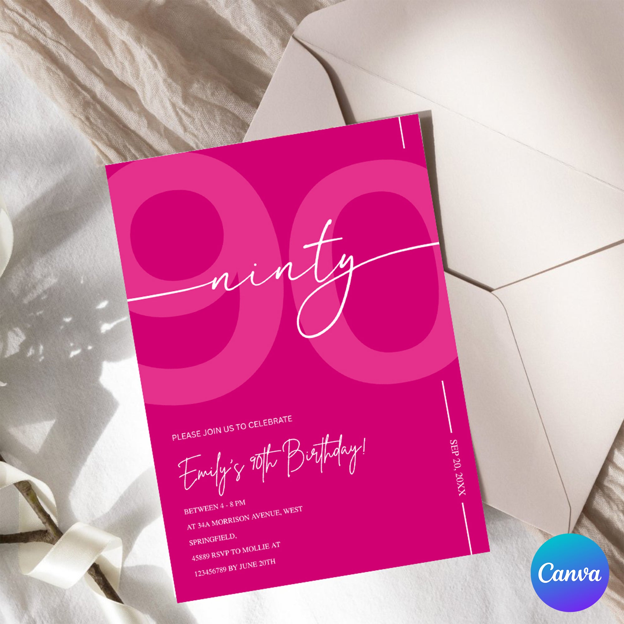 Modern Pink 90th Birthday Invitation | Minimalist Editable Canva Template
